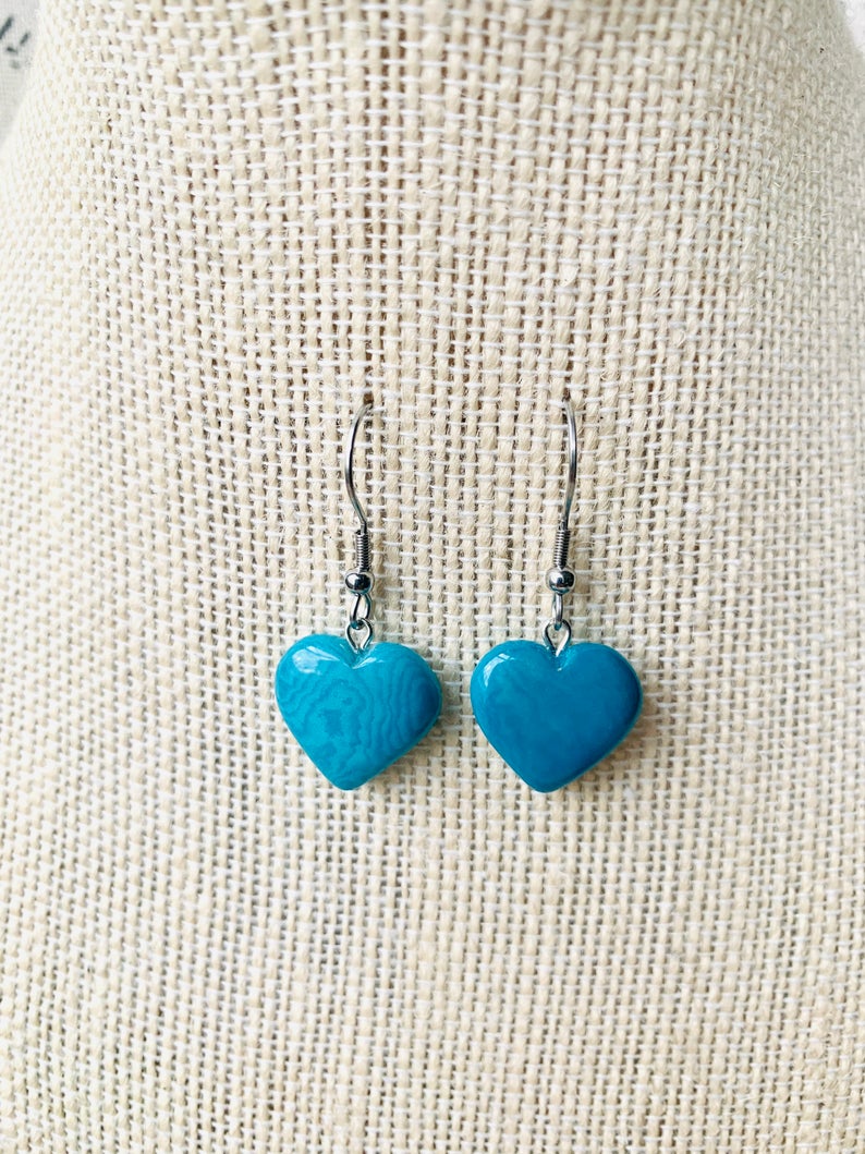 hand crafted BLUE TURQUOISE Drop Dangle Earrings Tagua Nut Organic 